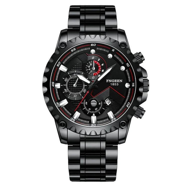 FNGEEN Men's Waterproof Sports Watch 43mm Steel Everyday Wear - black 43.5mm metal case, white steel strap, tempered glass, calendar, 30m water resistant