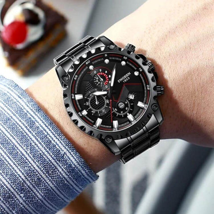 FNGEEN Men's Waterproof Sports Watch 43mm Steel Everyday Wear on wrist, black metal case and white steel strap, calendar dial, 30m water resistant