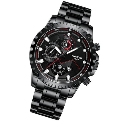 FNGEEN Men's Waterproof Sports Watch 43mm Steel Everyday Wear - black 43.5mm metal case, white steel strap, tempered glass, calendar, 30m water resistant