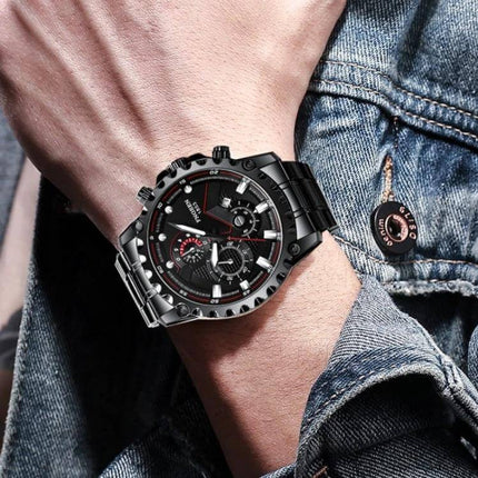 FNGEEN Men's Waterproof Sports Watch 43mm Steel Everyday Wear - black 43.5mm metal case with white steel strap, tempered glass, calendar, 30m water resistant