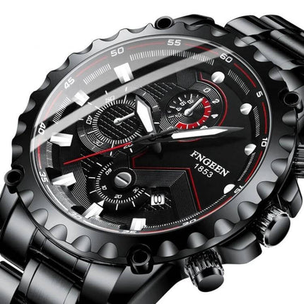 FNGEEN Men's Waterproof Sports Watch 43mm Steel Everyday Wear — black 43.5mm metal case with white steel strap, tempered glass, calendar, 30m water resistance