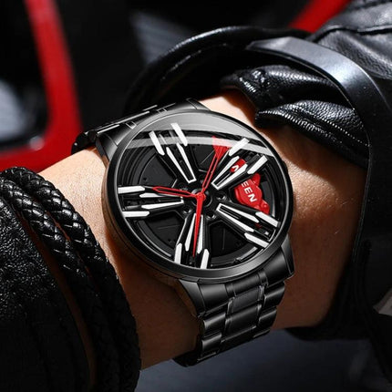 FNGEEN Motorcycle Wheel Mens Watch Black Steel Red Dial - black steel 44mm wristwatch with red dial, motorcycle wheel design, tempered glass