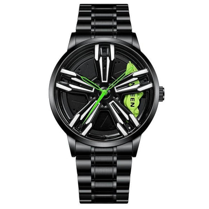 FNGEEN Motorcycle Wheel Mens Watch Black Steel Red Dial - black steel 44mm watch with red dial, motorcycle wheel design, tempered glass, metal bracelet