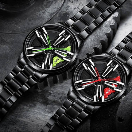 FNGEEN Motorcycle Wheel Mens Watch Black Steel Red Dial — black steel watch with red dial, mechanical motorcycle wheel design, 44mm tempered glass, quartz