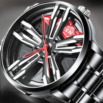 FNGEEN Motorcycle Wheel Mens Watch Black Steel Red Dial showing close-up of red hands and wheel-spoke dial in black steel case