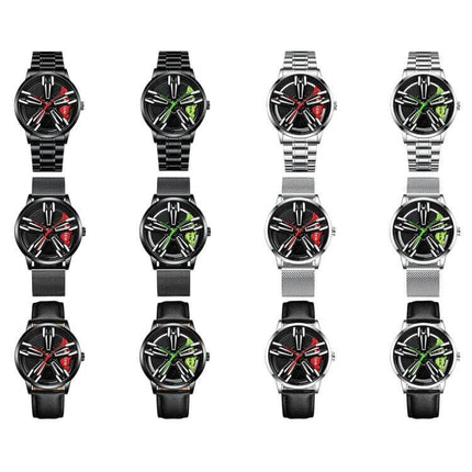 FNGEEN Motorcycle Wheel Mens Watch Black Steel Red Dial - row of 12 watches showing black steel, silver, mesh and leather bands with red and green dials