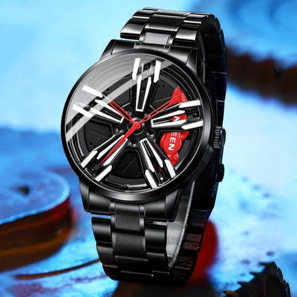 FNGEEN Motorcycle Wheel Mens Watch Black Steel Red Dial – black steel 44mm wristwatch with red accent, motorcycle wheel-inspired dial and tempered glass