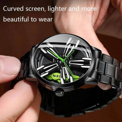 FNGEEN Motorcycle Wheel Mens Watch Black Steel Red Dial - black steel 44mm case watch with red dial, tempered glass, motorcycle wheel design