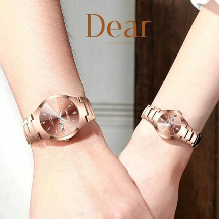 FNGEEN Women's Steel Strap Quartz Watch With Calendar Brown Dial showing two rose-gold watches on wrists, compact 22mm dial, calendar display