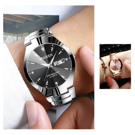 FNGEEN Women's Steel Strap Quartz Watch With Calendar Brown Dial on wrist, steel strap, calendar window, 22mm slim case