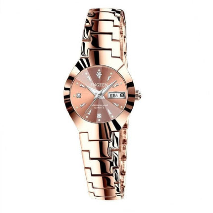 FNGEEN Women's Steel Strap Quartz Watch With Calendar Brown Dial slim 22mm brown dial steel-alloy strap daily office travel