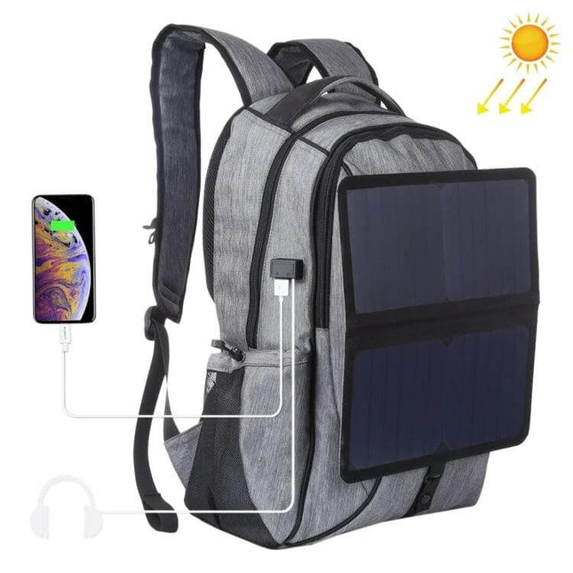 Foldable Solar Laptop Backpack With USB Charging On The Go gray backpack with removable solar panel charging phone