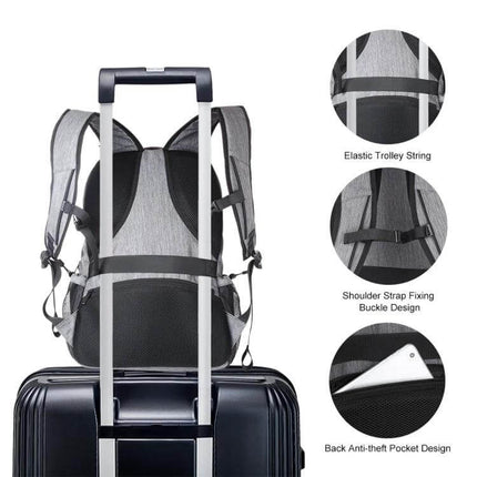 Foldable Solar Laptop Backpack With USB Charging On The Go showing trolley strap, shoulder buckle, anti-theft pocket on suitcase