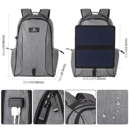 Foldable Solar Laptop Backpack With USB Charging On The Go shown in grey with detachable solar panel and USB port, water-resistant, multiple compartments