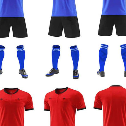Football Referee Uniform Set Bamboo Fiber Match Shirt Yellow - model grid showing blue and red kits with socks and shorts
