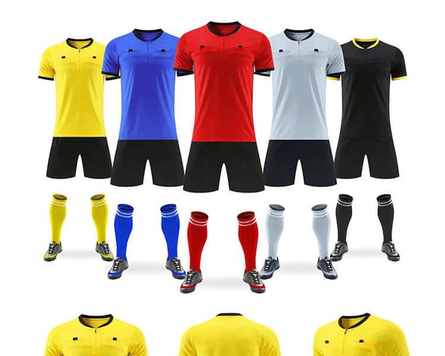 Football Referee Uniform Set Bamboo Fiber Match Shirt Yellow showing yellow, blue, red, gray and black referee kits with socks and shorts