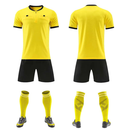 Football Referee Uniform Set Bamboo Fiber Match Shirt Yellow front and back view with black shorts and yellow socks