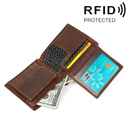 Leather RFID Wallet Clutch For Men With Card Slots Everyday Carry shown open with cards, ID window, cash and RFID protected logo