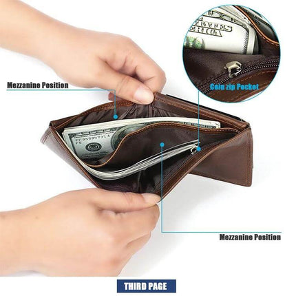 Leather RFID Wallet Clutch For Men With Card Slots Everyday Carry showing open full-grain leather interior with bills, coin zip pocket and card slots