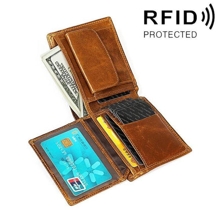 Leather RFID Wallet Clutch For Men With Card Slots Everyday Carry brown full-grain cowhide RFID-protected compact wallet