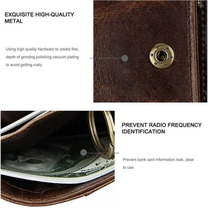 Leather Wallet Antimagnetic RFID For Men Everyday Use close-up of brown genuine leather, metal zipper detail and cash pocket showing RFID protection