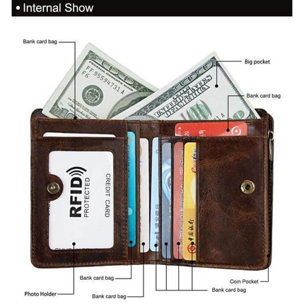 Leather Wallet Antimagnetic RFID For Men Everyday Use - brown genuine leather RFID-protected wallet with card slots, coin pocket and zippered cash compartment