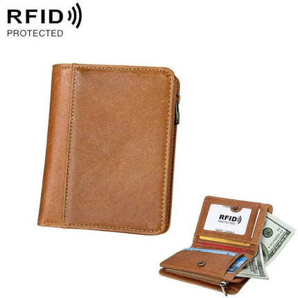 Leather Wallet Antimagnetic RFID For Men Everyday Use - brown genuine leather zip wallet with RFID protection, card slots, ID window and cash pocket