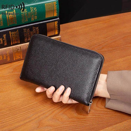 Leather Belly Passport Bag With RFID Wallet For Travel - black textured genuine leather travel passport wallet with zipper, fits passport and cards