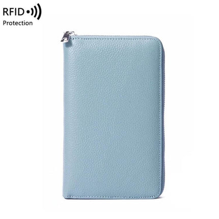 Leather Belly Passport Bag With RFID Wallet For Travel in light blue genuine textured leather with zipper, compact passport and card organizer