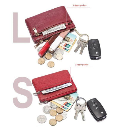 Leather Mini Wallet With Zipper Coin Purse And Card Holder showing red genuine leather compact wallet with zipper pockets, cards, coins, keys and car key