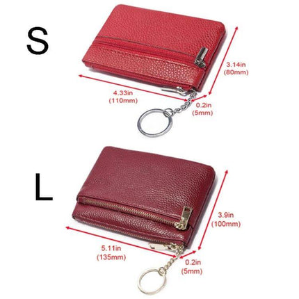 Leather Mini Wallet With Zipper Coin Purse And Card Holder showing red small and large sizes with measurements and keyring