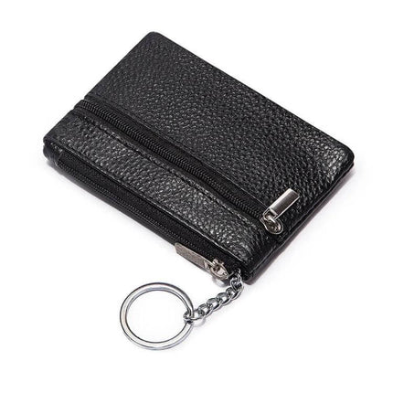 Leather Mini Wallet With Zipper Coin Purse And Card Holder in black pebbled leather with zipper coin pocket and keyring