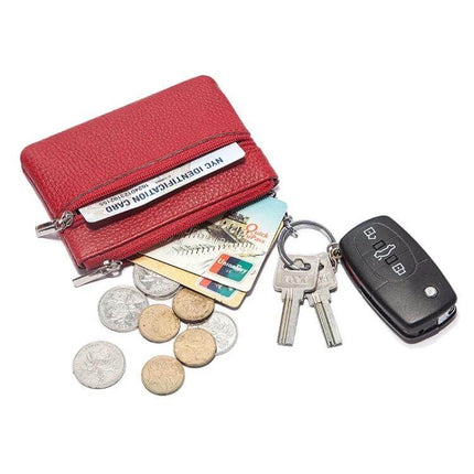 Leather Mini Wallet With Zipper Coin Purse And Card Holder in red leather showing zipper, cards, coins and keys for everyday carry