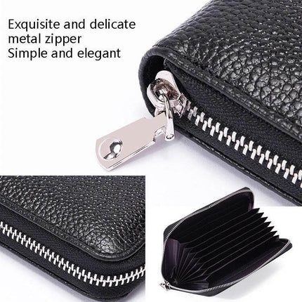 Leather Belly Passport Bag With RFID Wallet For Travel black textured leather zippered RFID passport wallet, compact organizer for cards and cash