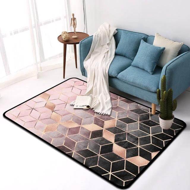 Geometric Pattern Bedroom Door Rug For Bedroom Decor 40x60cm - rectangular polyester rug with pink black geometric motif and non-slip backing placed beside sofa