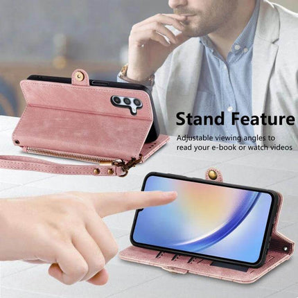 Geometric Zipper Wallet Phone Case With Side Buckle For Galaxy A30 in pink showing zip wallet, wrist strap and kickstand feature