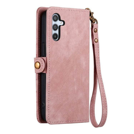 Geometric Zipper Wallet Phone Case With Side Buckle For Galaxy A30 in pink PU folio with wrist strap, zip wallet, card slots and kickstand