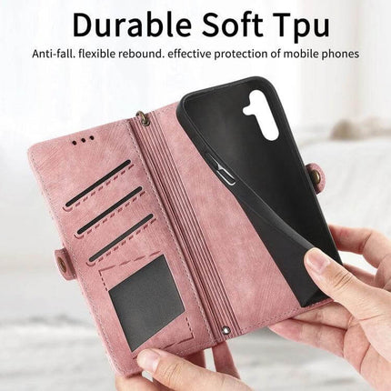 Geometric Zipper Wallet Phone Case With Side Buckle For Galaxy A30 shown open in pink with card slots, zip pocket, wrist strap and TPU phone holder