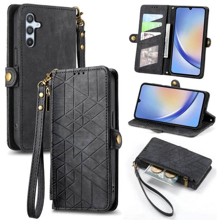 Geometric Zipper Wallet Phone Case With Side Buckle For Galaxy A30 black folio with wrist strap, card slots, zip coin pocket and kickstand