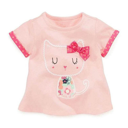 Girls Cotton Short Sleeve T Shirt With Cartoon Pattern Daily Wear - pink cotton tee with cat cartoon, bow and polka dot sleeve trim
