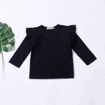 Girls' Cotton T Shirt Long Sleeve For Everyday Casual Wear - black ruffle shoulder long-sleeve cotton tee for girls, soft breathable everyday top