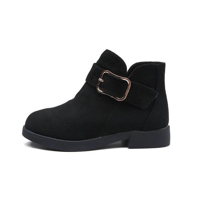 Girls Suede Leather Ankle Boots For Fall And Winter Wear - black suede ankle boot with buckle, rubber sole, casual school shoe