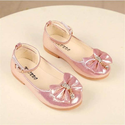 Girls Bow Shoes For Children With Size Guide 21 To 27 13 To 16 Cm - pink girls dress shoes with bow and ankle strap, PU upper, neat compact fit