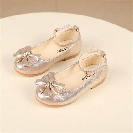 Girls Bow Shoes For Children With Size Guide 21 To 27 13 To 16 Cm - metallic PU dress shoes with bow and ankle strap, sizes EU 21–27 (13–16 cm)