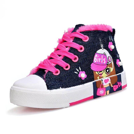 Girls Canvas High Top Sneakers With Cartoon Print For Play - denim pink high-top with cartoon print, pink laces and contrast faux-shearling trim