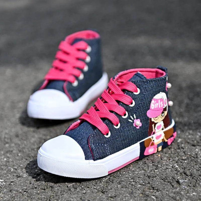 Girls Canvas High Top Sneakers With Cartoon Print For Play - denim high-tops with pink laces, cartoon print and rubber sole for playgrounds and school