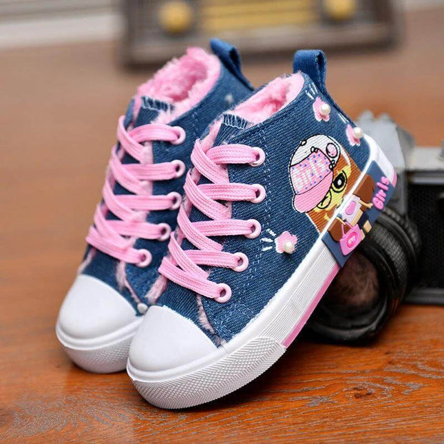 Girls Canvas High Top Sneakers With Cartoon Print For Play - denim pink-lace high-top girls sneakers with plush lining and cute cartoon side print
