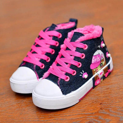 Girls Canvas High Top Sneakers With Cartoon Print For Play - navy denim high-top girls sneakers with pink laces and cartoon print, fuzzy cotton lining