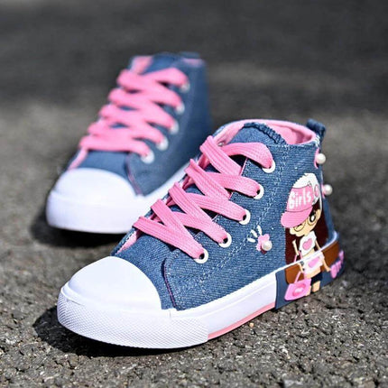 Girls Canvas High Top Sneakers With Cartoon Print For Play - denim pink-lace high-top kids sneakers with cartoon motif, sheep-suede trim, flexible rubber sole