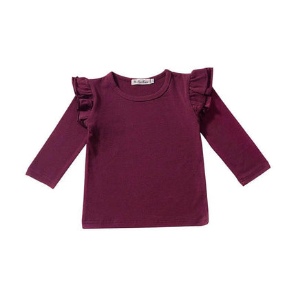 Girls' Cotton T Shirt Long Sleeve For Everyday Casual Wear - burgundy ruffle shoulder long sleeve tee for girls, soft 95% cotton, sizes 80–120